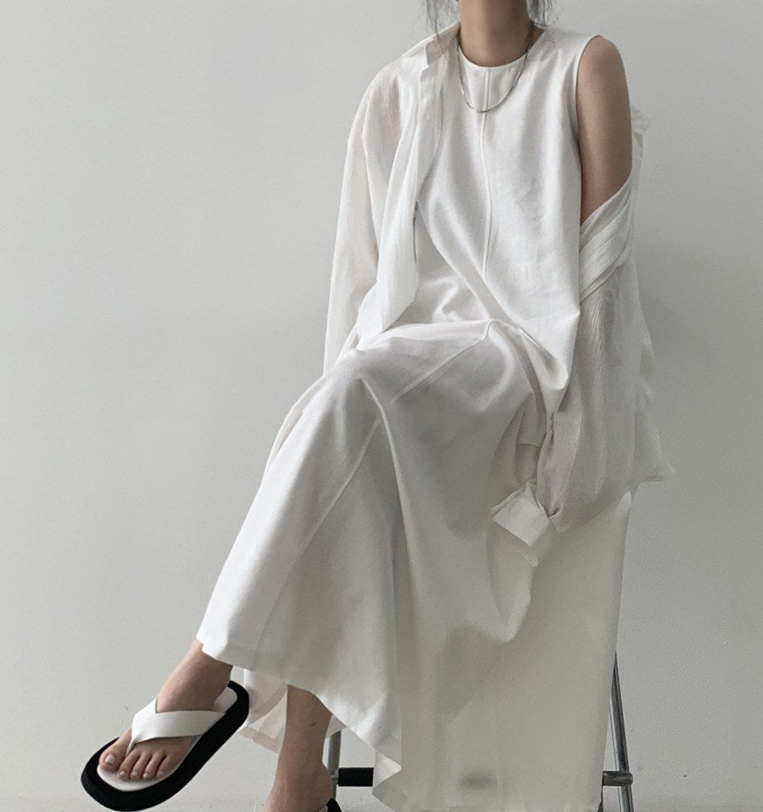 Robe longue en coton et lin unie sans manches à col rond