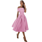 Robe de Soirée Formelle en Satin pour Femme sans Bretelles, Coupe Décontractée, Longueur Thé, Épaules Dénudées, avec Poches