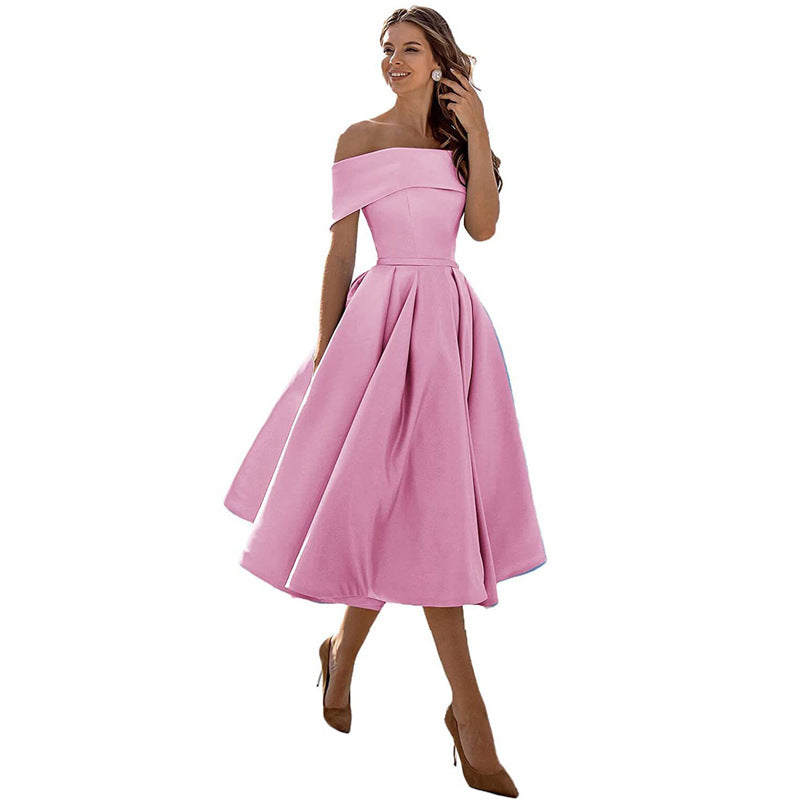 Robe de Soirée Formelle en Satin pour Femme sans Bretelles, Coupe Décontractée, Longueur Thé, Épaules Dénudées, avec Poches