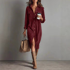 Robe Décontractée Chic à Col Rabattu et Boutons, Robe de Soirée Simple Unie pour Femmes Printemps Automne, Robe Longue à Manches pour Dames en Vacances