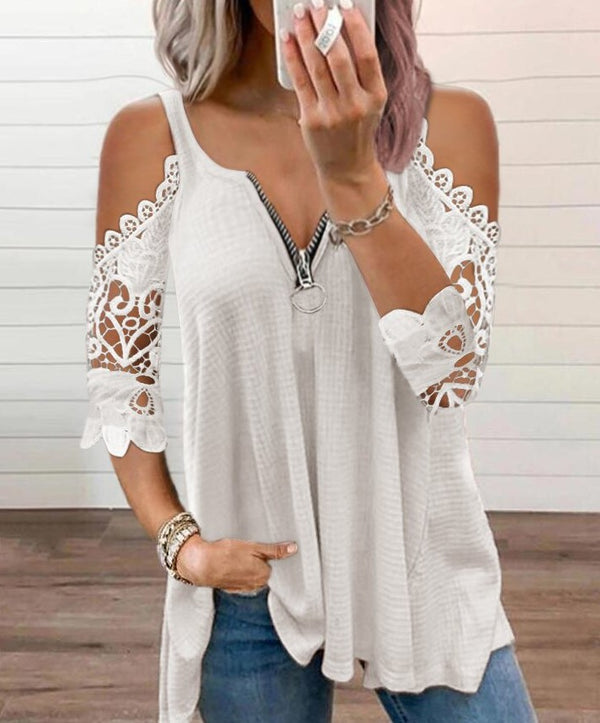Chemise sexy d'été pour femme, manches courtes, dentelle, fermeture éclair décontractée
