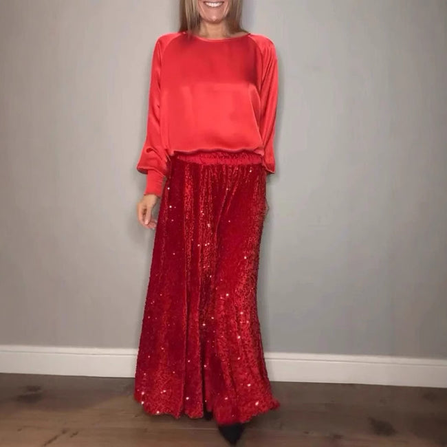Ensemble deux pièces costume robe à sequins et haut en satin à col rond Main Image