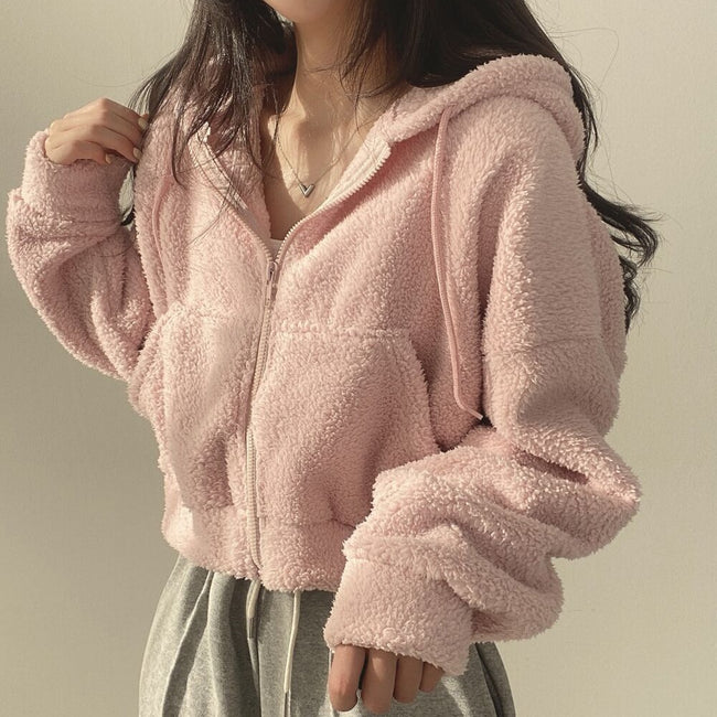 Lamb Wool White Hooded Sweater For Women Main Image