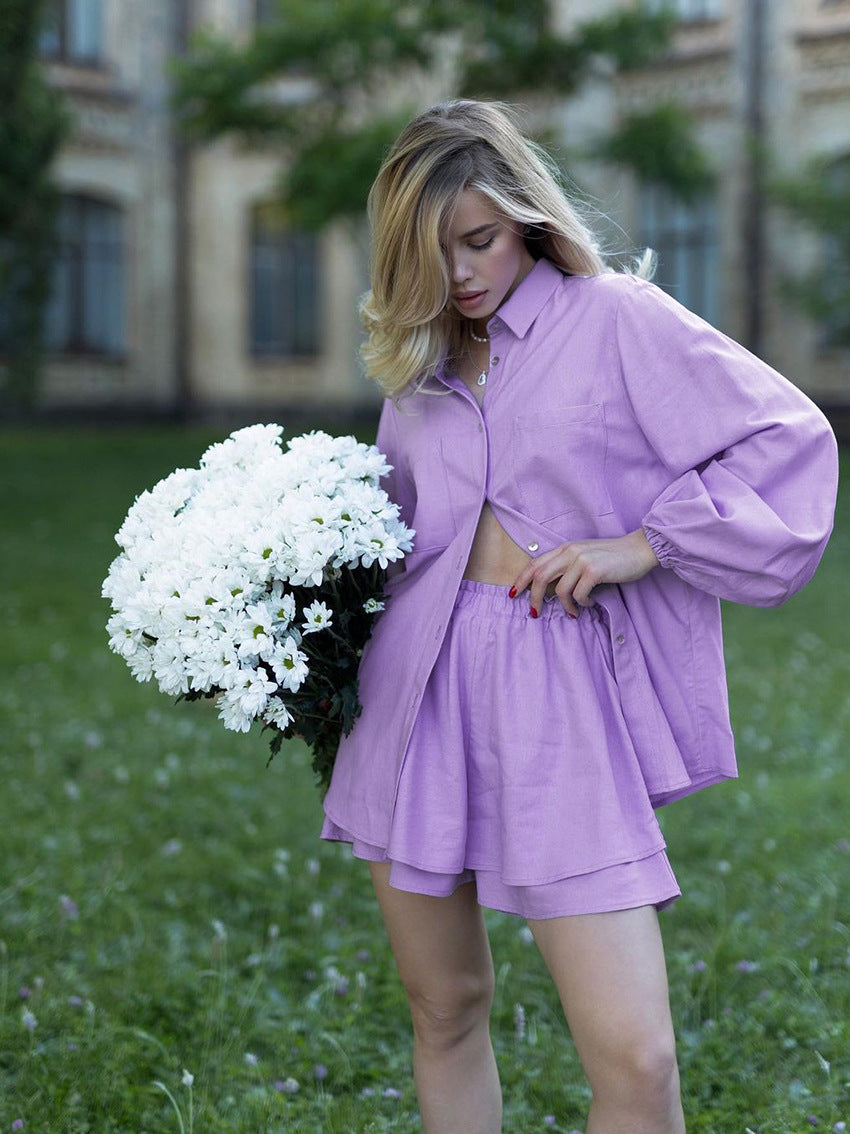 European And American Cotton And Linen White Suit Women's Spring And Summer Long Sleeves Shorts Two-piece Set