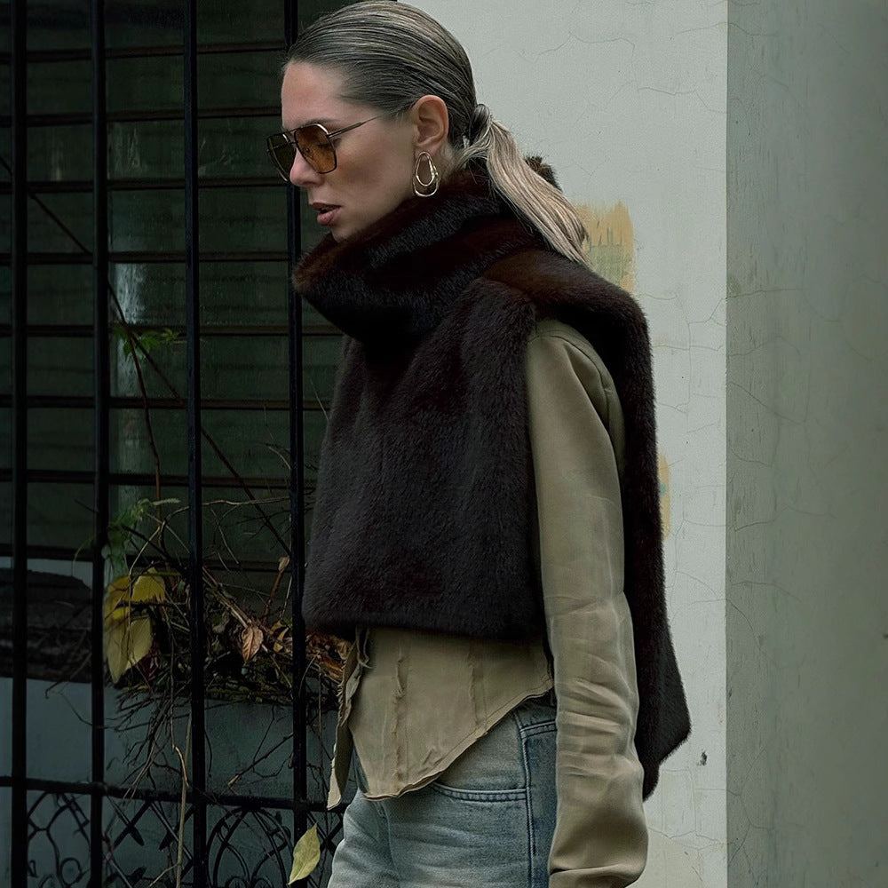 Nouveau gilet en fourrure sans manches à demi-col roulé de couleur unie pour femmes
