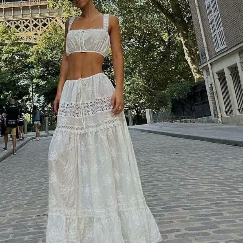 Haut court en dentelle à épaules dénudées, petite taille, robe longue patchwork à taille haute avec cordon de serrage
