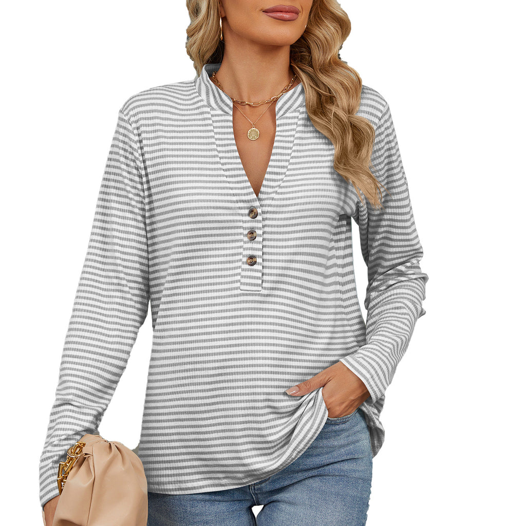 Chemisier Femme Col V Boutons Rayé Ample Manches Longues