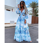 Robe longue élégante à col en V creux pour femme, robe longue à manches longues avec imprimé pour le printemps et l'été, robe à manches longues à col en V.