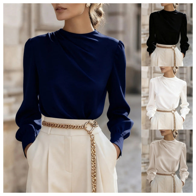 Simple Commuting Temperament Pleated High-neck Lantern Sleeve Blouse For Women Main Image