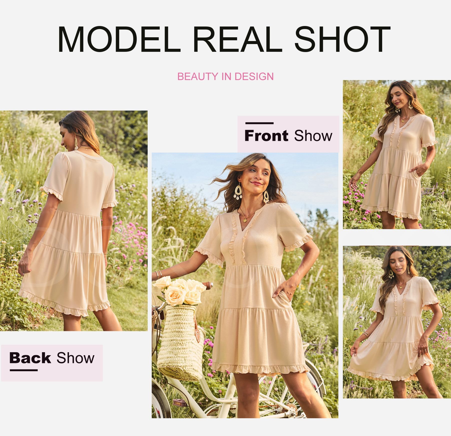 Robes d'été pour femmes Col en V Manches courtes Décontracté Coupe évasée Fluide Robe trapèze Mini-robe
