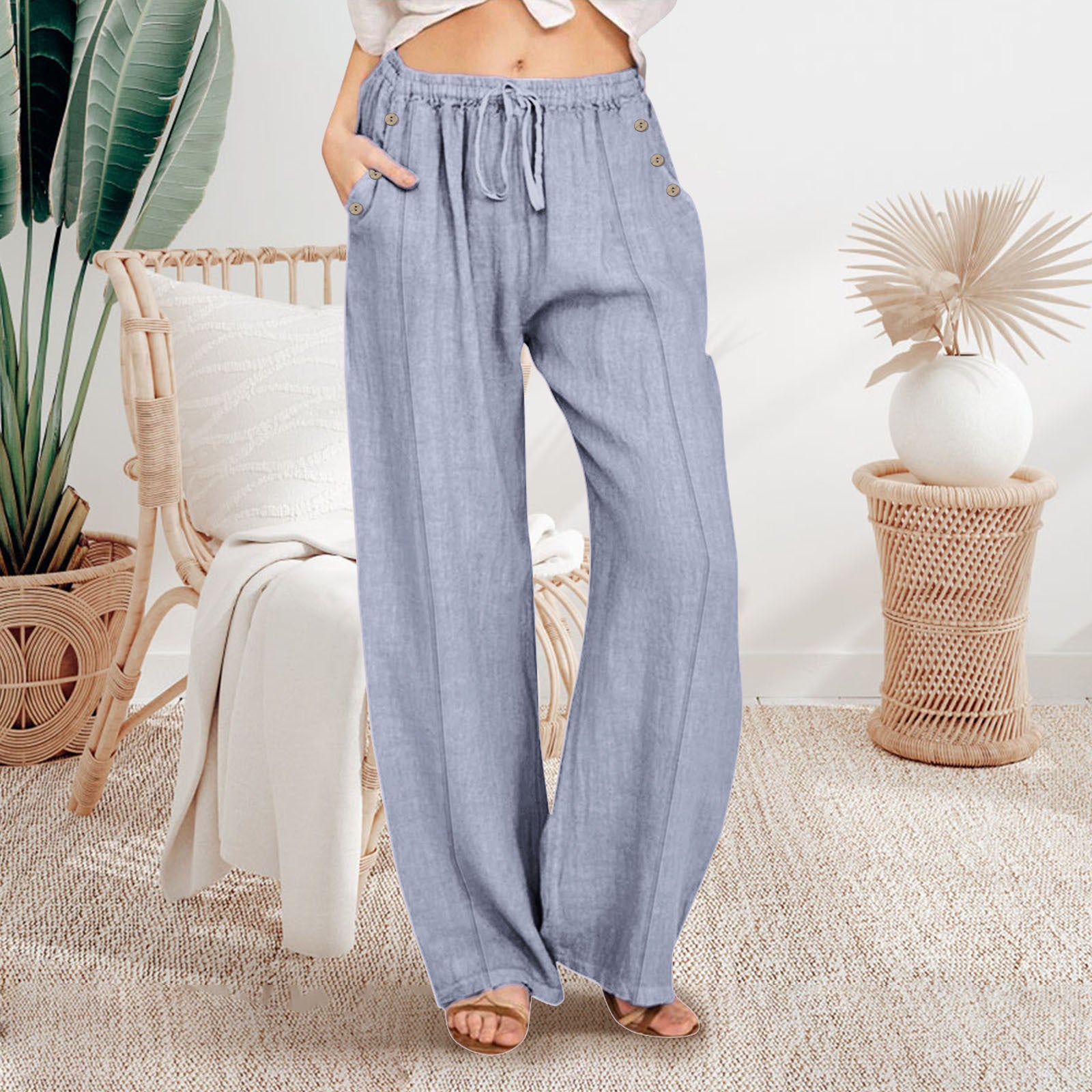 Pantalon ample décontracté à jambes larges et boutonnées pour femme