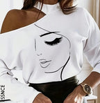 T-shirt blanc à manches longues pour femmes avec motif de dessins animés et épaules dénudées, hauts graphiques pour femmes pour tenue de printemps