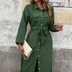 Nouvelle robe verte unie à manches longues et col rabattu pour femmes