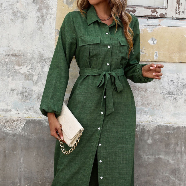 Nouvelle robe verte unie à manches longues et col rabattu pour femmes Hover Image