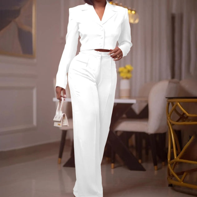 Ensemble deux pièces femme couleur unie, blazer court et pantalon large Hover Image