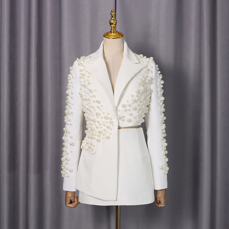 Ensemble deux pièces tailleur femme blazer et jupe perles brodés à la main