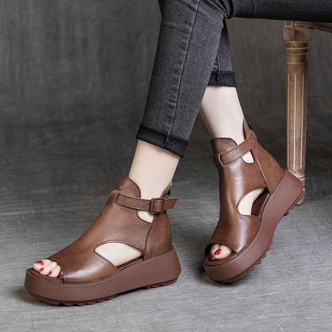 Été Nouveauté Rétro Sandales Vides Derrière Peep Toe En Cuir De Vachette Pour Femmes Main Image
