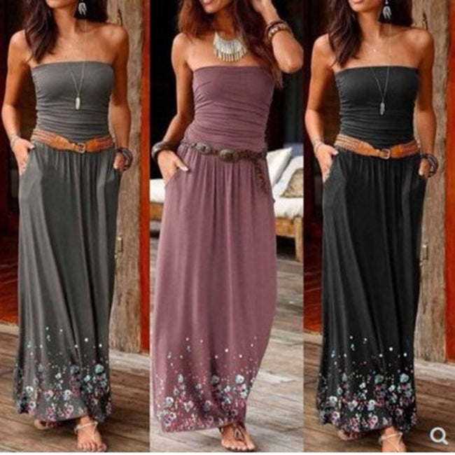 Robe longue bustier sans col amincissante imprimé floral sans ceinture Hover Image