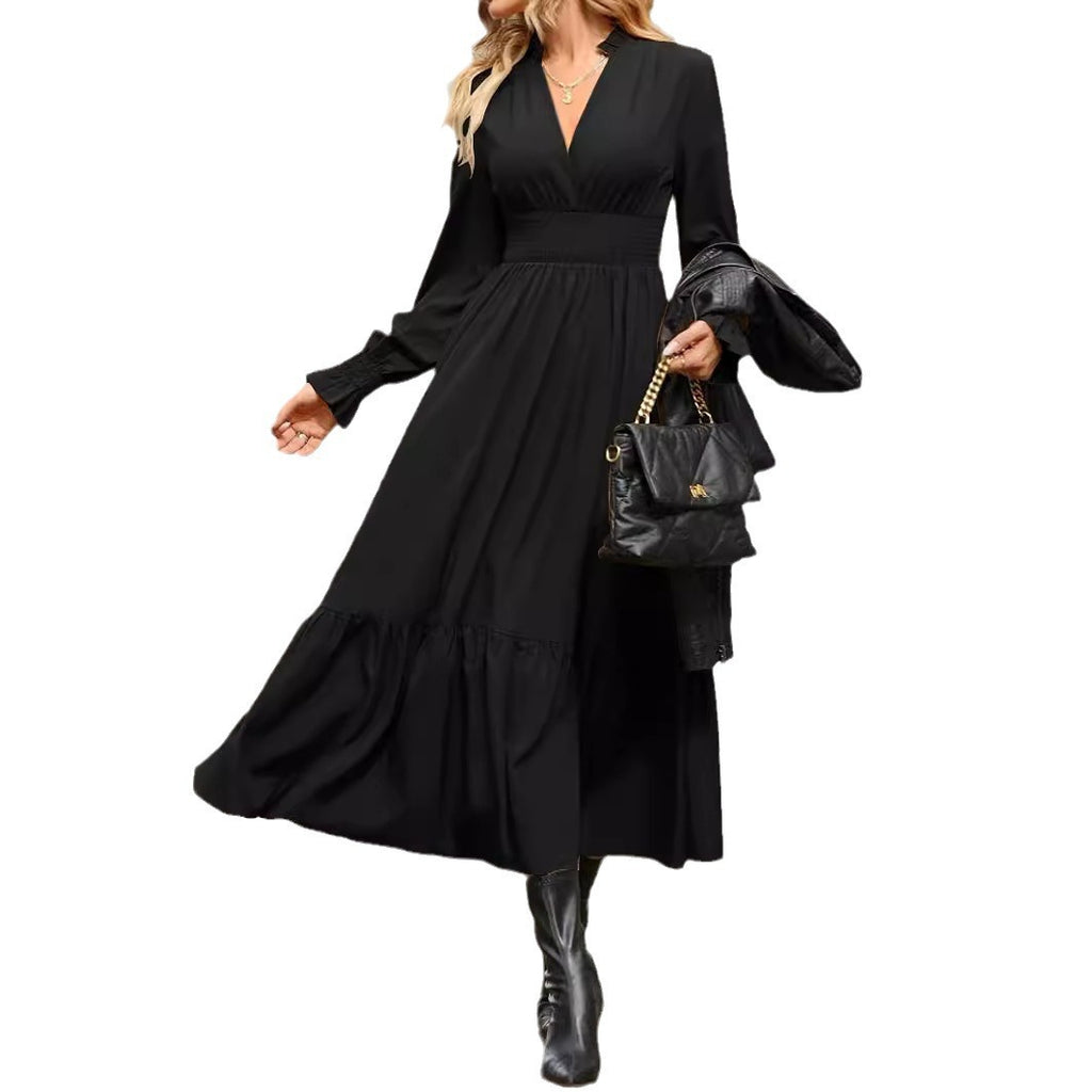 Robe femme col V manches longues lanterne