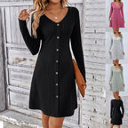 Robe longue à col en V et manches longues avec boutons et taille ajustée, vêtement féminin ajusté