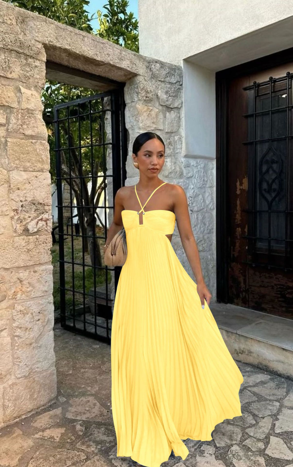 Robe longue plissée sans manches à bretelles, taille haute évidée, dos nu pour soirée, club, vêtement femme
