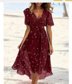 Robe d'été évasée à fleurs imprimées et col en V, à manches courtes pour femme