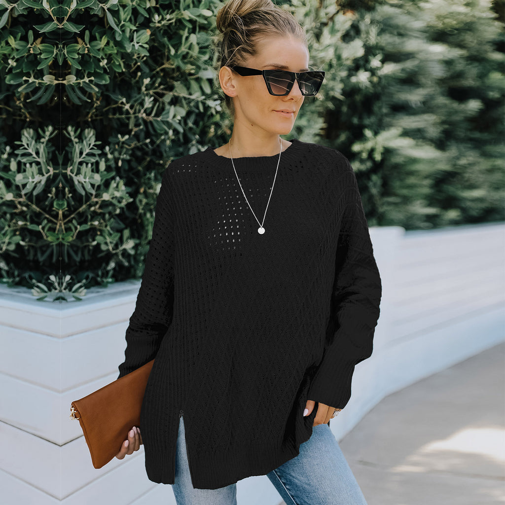 Pull ras du cou à manches longues ajouré en tricot pour femme, coupe ample, hiver