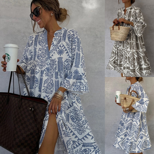 Robe décontractée d'automne imprimée ample, mode féminine, col en V, manches évasées, élégante, à volants, chemise-robe, robe ample vintage pour femme Hover Image
