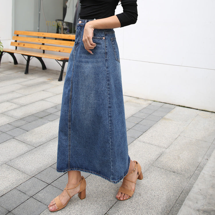 Jupe en jean trapèze mi-longue cheville pour femme