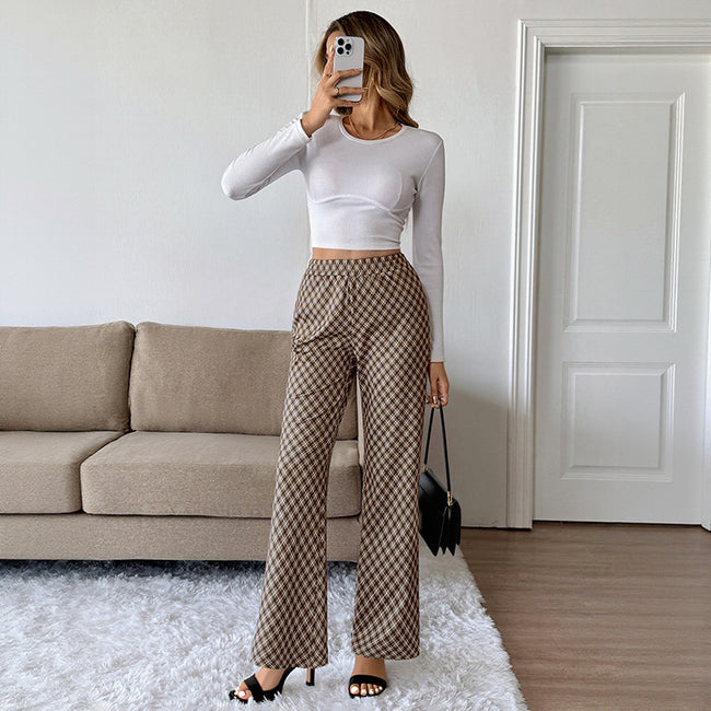Pantalon Carreau Femme Commuter Mode Légèrement Taille Haute Amincissant Main Image