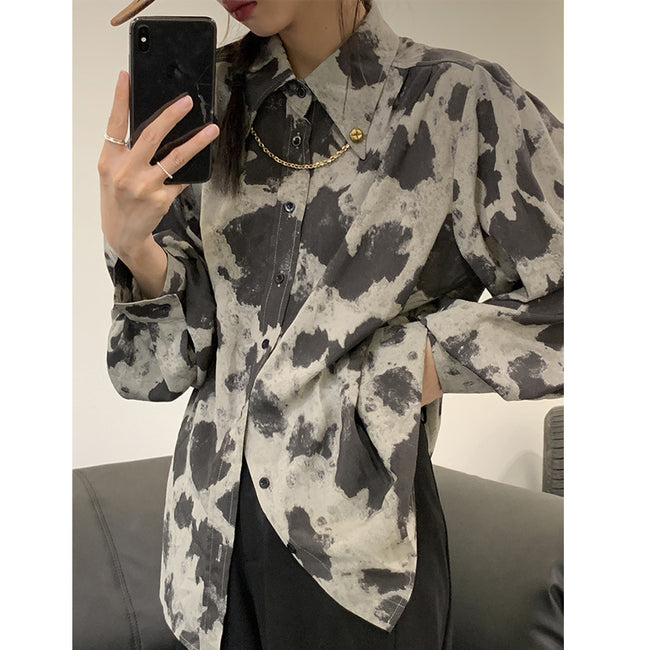 Blouse à manches longues noire, grise, à blocs de couleur léopard, chemise boutonnée avec chaîne, simple boutonnage, chemisier ample pour femmes Main Image