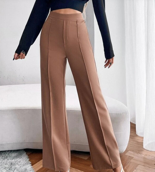 Pantalon ample droit femme taille haute décontracté