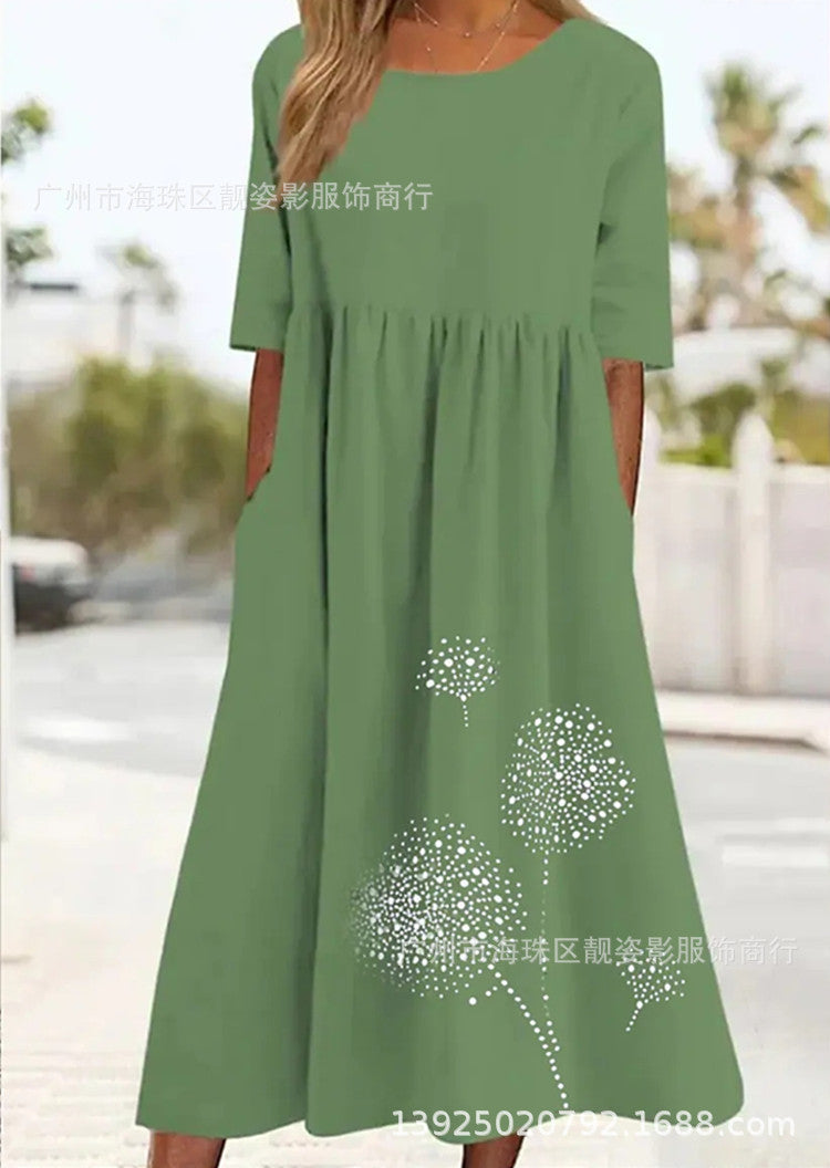 Robe décontractée ample imprimée à col rond et manches courtes grande taille