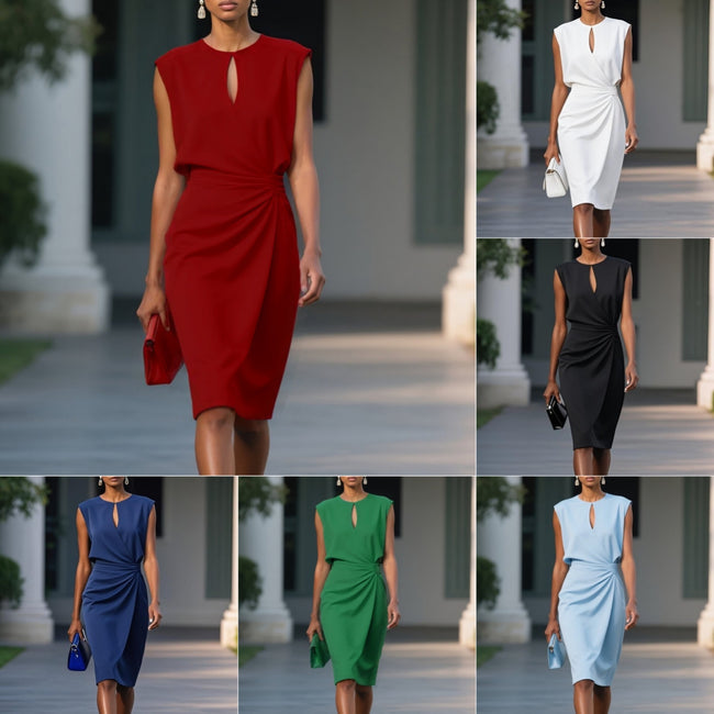 Robe midi évasée décontractée d'été légère pour femme - Robe de soirée élégante de couleur unie avec col rond et devant croisé noué Hover Image