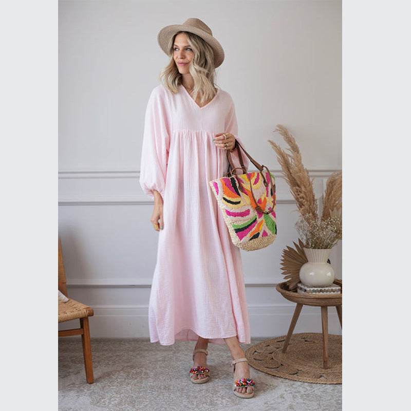 Robe ample col en V manches lanternes pour femme