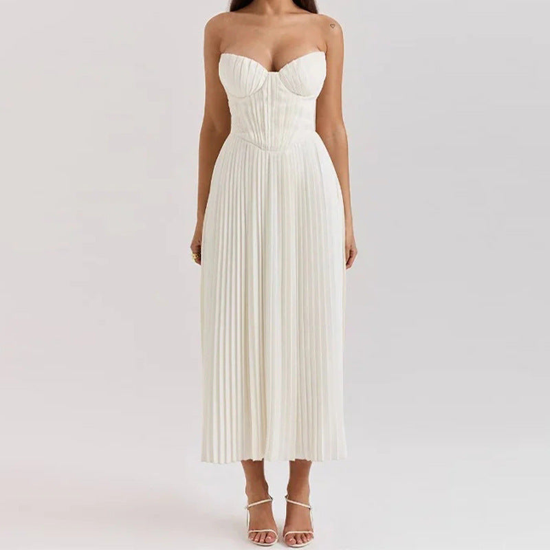 Robe plissée élégante sans manches à col en V