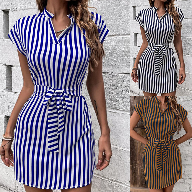 European And American Women's Clothing Sleeveless Striped Lace-up Dress Hover Image