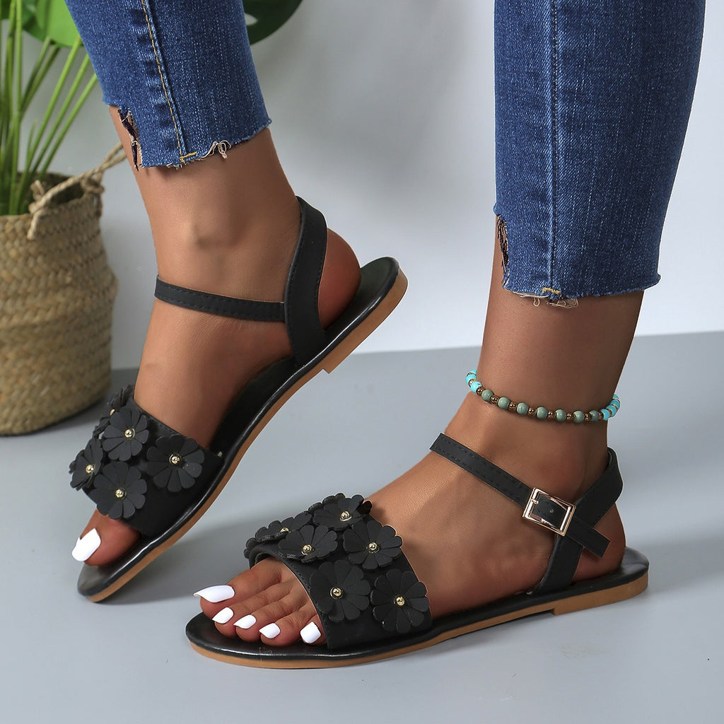 Sandales Rétro Fleurs Été Décontracté Polyvalent Bout Rond Boucle Chaussures Plates de Plage pour Femmes Nouvelles Chaussures Romaines