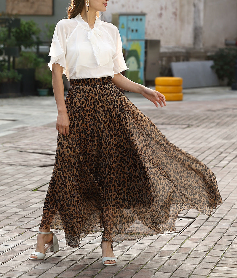 Leopard print sexy chiffon long skirt