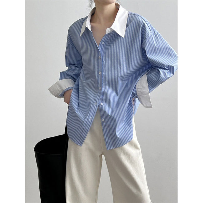 Nouvelle chemise rayée bleue et blanche à couleurs contrastées pour femmes Main Image