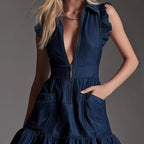 Robe en jean sans manches à volants tendance pour femme