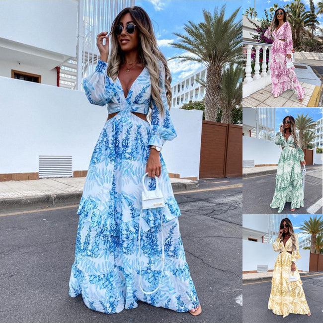 Robe longue élégante à col en V creux pour femme, robe longue à manches longues avec imprimé pour le printemps et l'été, robe à manches longues à col en V. Hover Image