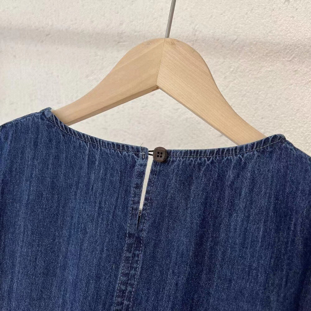 Robe mi-longue en jean sans manches pour femme