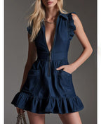 Robe en jean sans manches à volants tendance pour femme