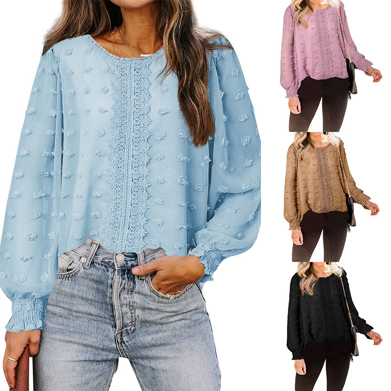 Chemisier Femme en Mousseline Jacquard Col Rond Manches Longues Lanterne