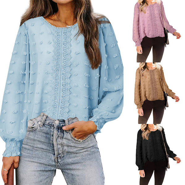 Chemisier Femme en Mousseline Jacquard Col Rond Manches Longues Lanterne