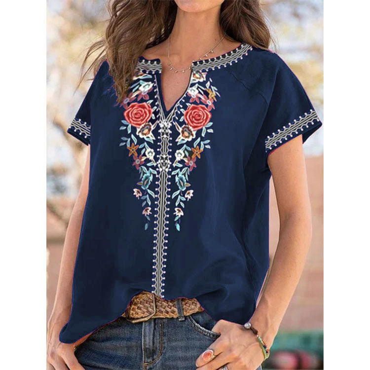 Haut T-shirt femme d'été à manches courtes imprimé ethnique