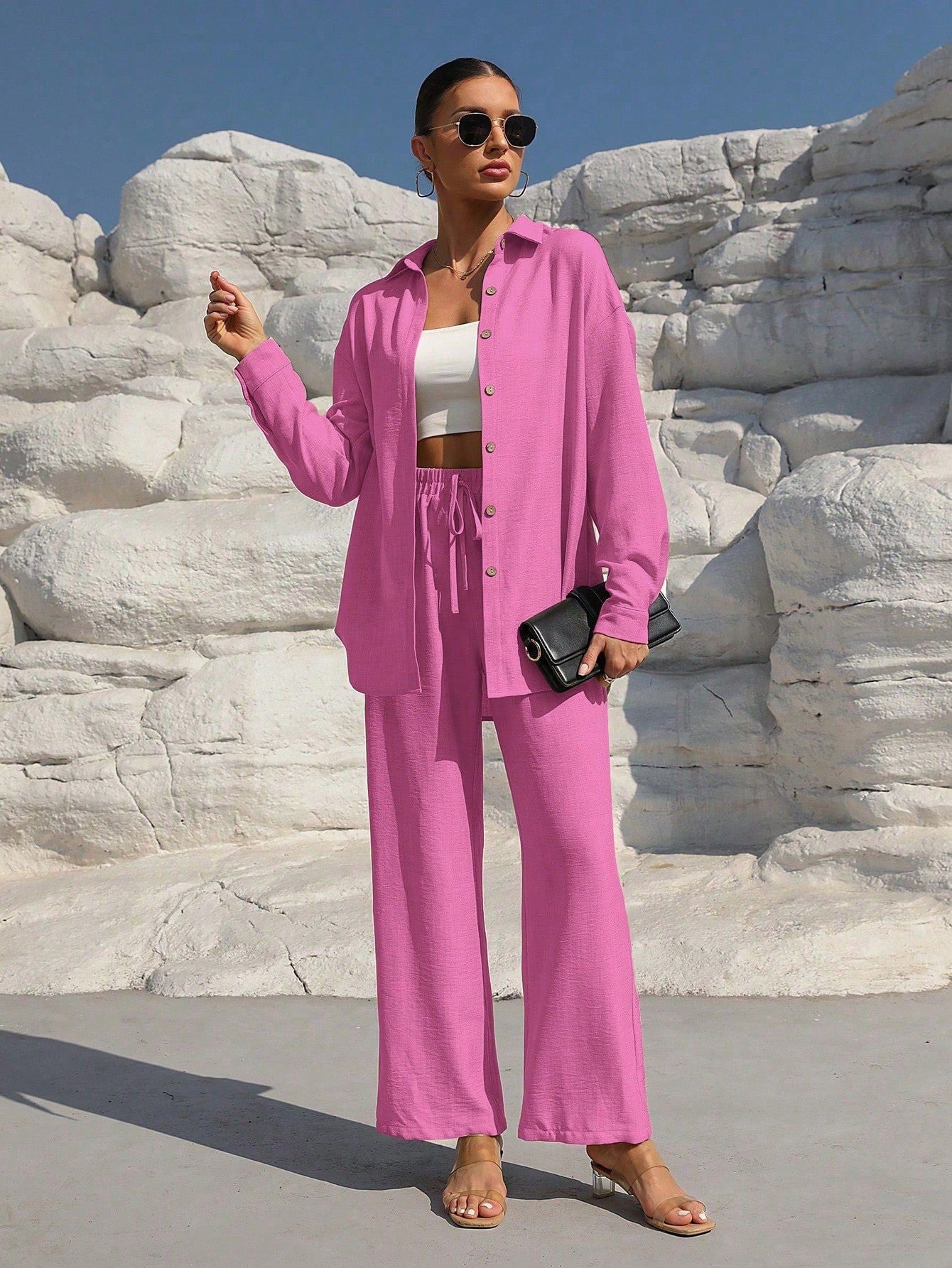Ensemble Deux Pièces Femme Grande Taille Cardigan Manches Longues Élégant Costume Décontracté Couleur Unie