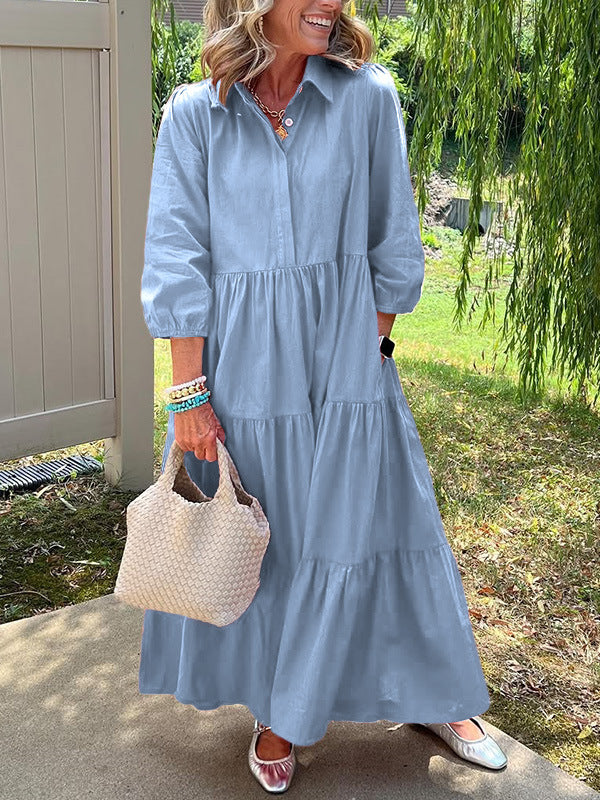 Robe ample décontractée à revers, manches mi-longues et grand tombé