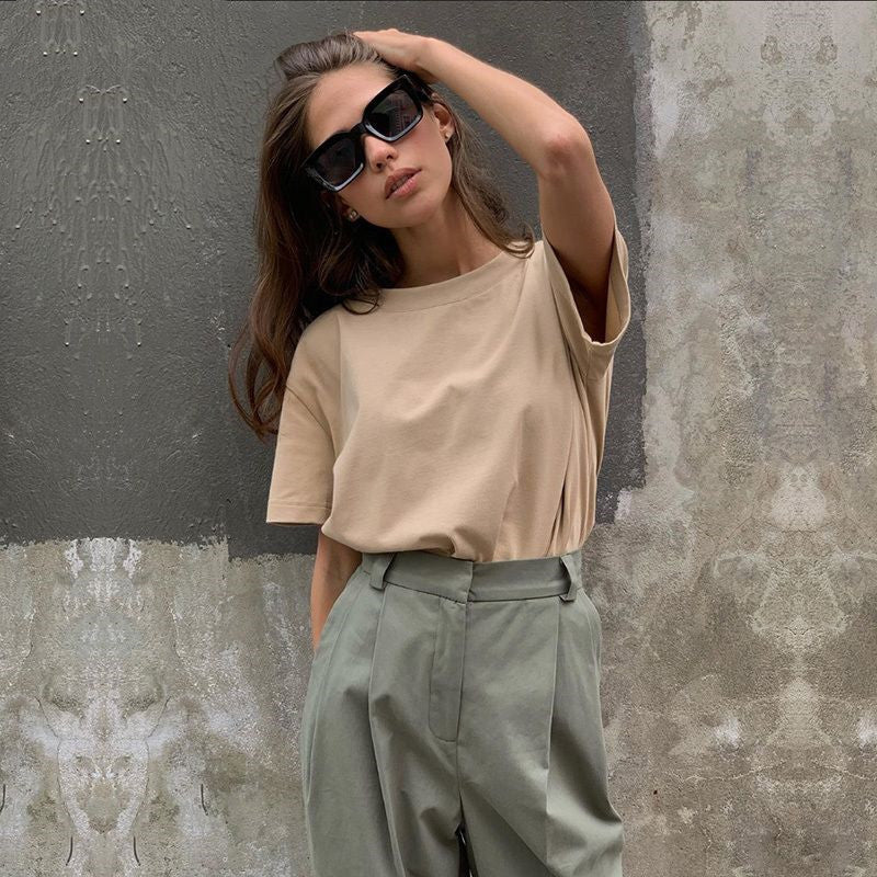 T-shirt basique en maille unie pour femme, en coton décontracté